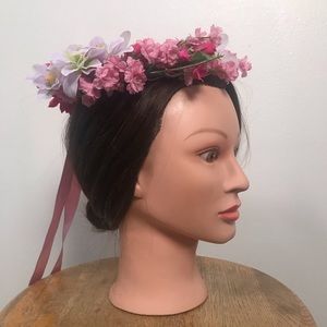 Pink flower crown with ribbons
